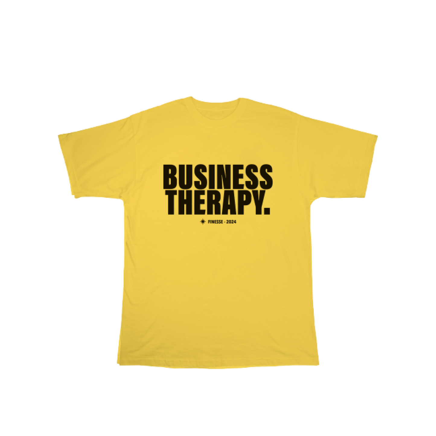 Finesse Business Therapy T-shirt jaune présenté sur fond blanc.