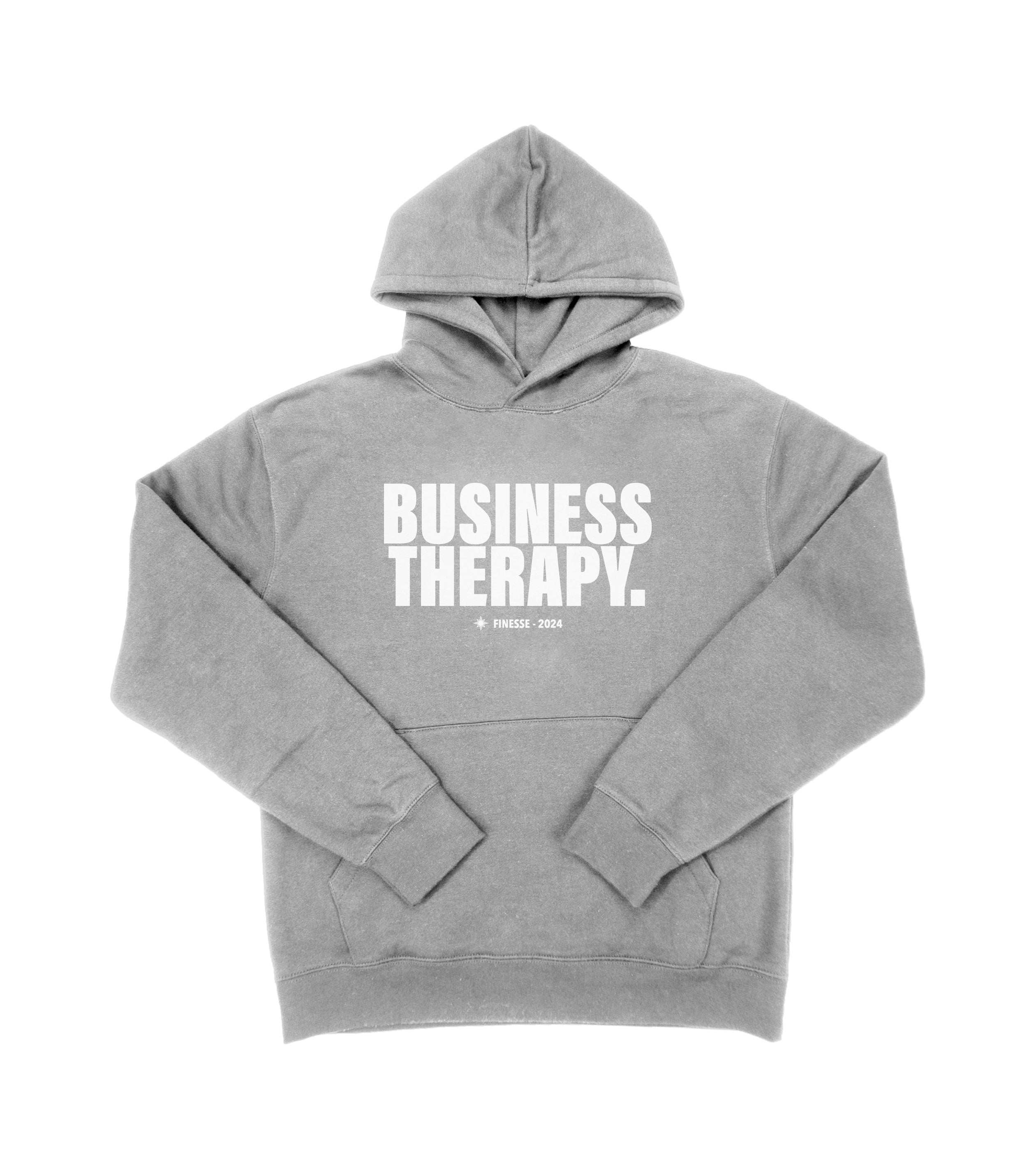 Hoodie gris Business Therapy présenté sur fond blanc