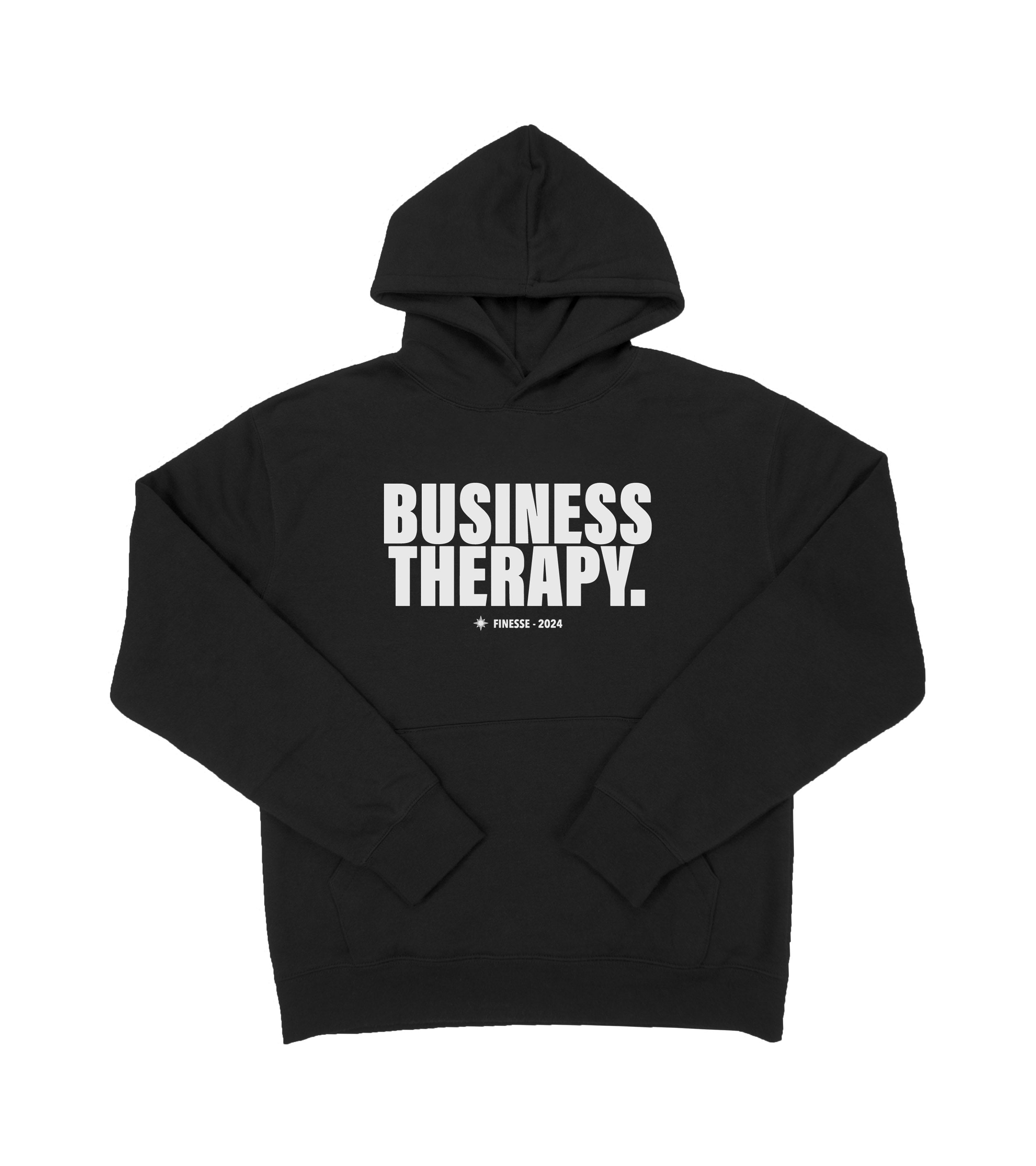 Hoodie noir Business Therapy présenté sur fond blanc.