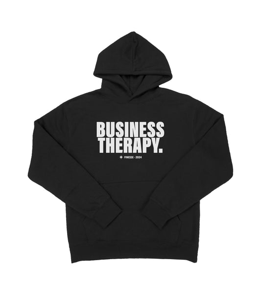 Hoodie noir Business Therapy présenté sur fond blanc.