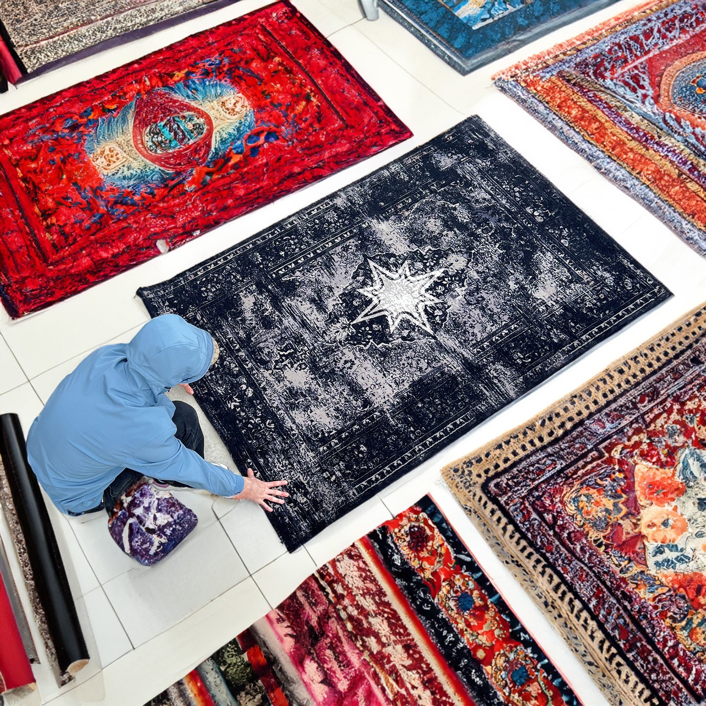 Vue plongeante d’un homme en veste bleue dépliant le Finesse Rug sur un sol carrelé parmi d’autres tapis.