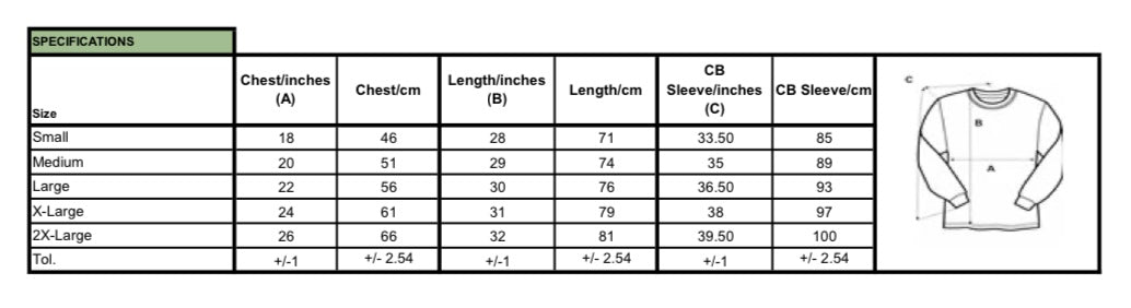 Tableau des tailles pour t-shirt manches longues.