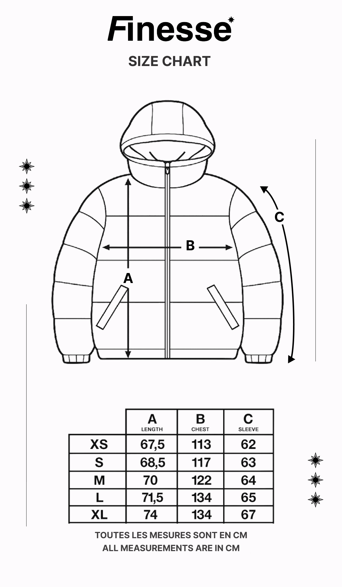 Photo présentant le Size Shirts (tableau des tailles) de la Finesse* Alive Puffer Jacket.