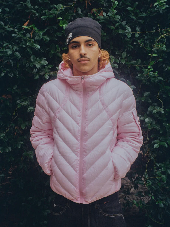 Model wearing the Slim Puffer Jacket Pink - Finesse lookbook