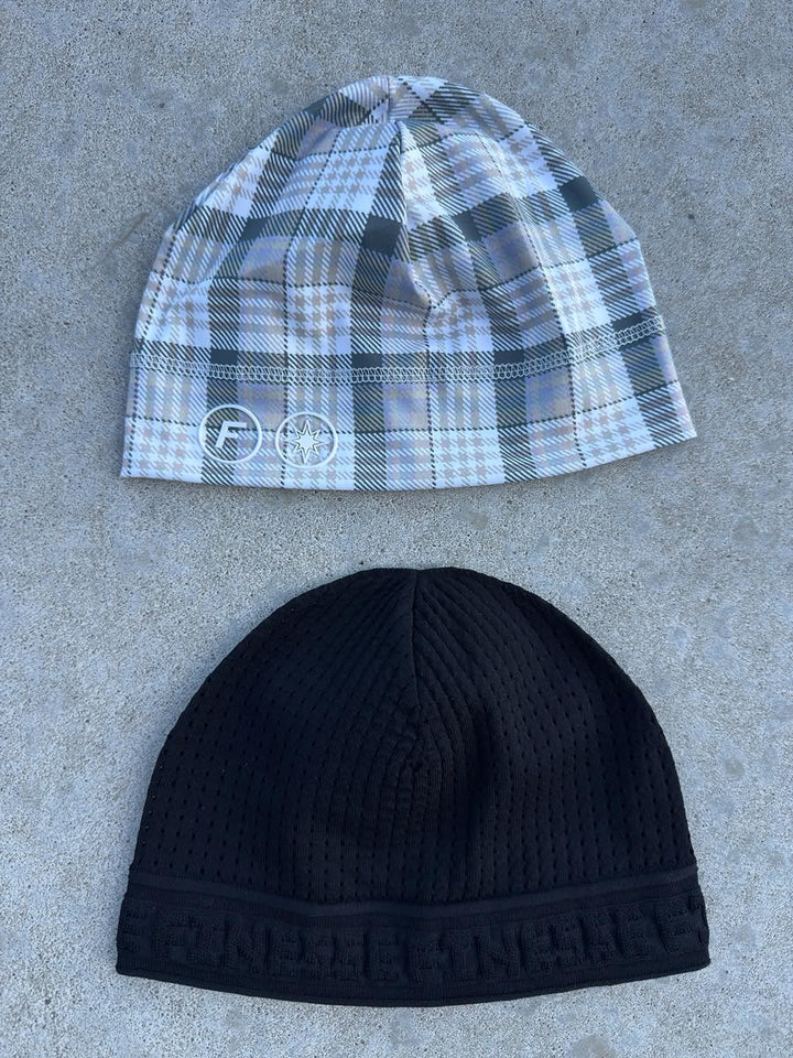 Tartan Skull Beanie and Guangzhou Skull Beanie - flat lay - Finesse