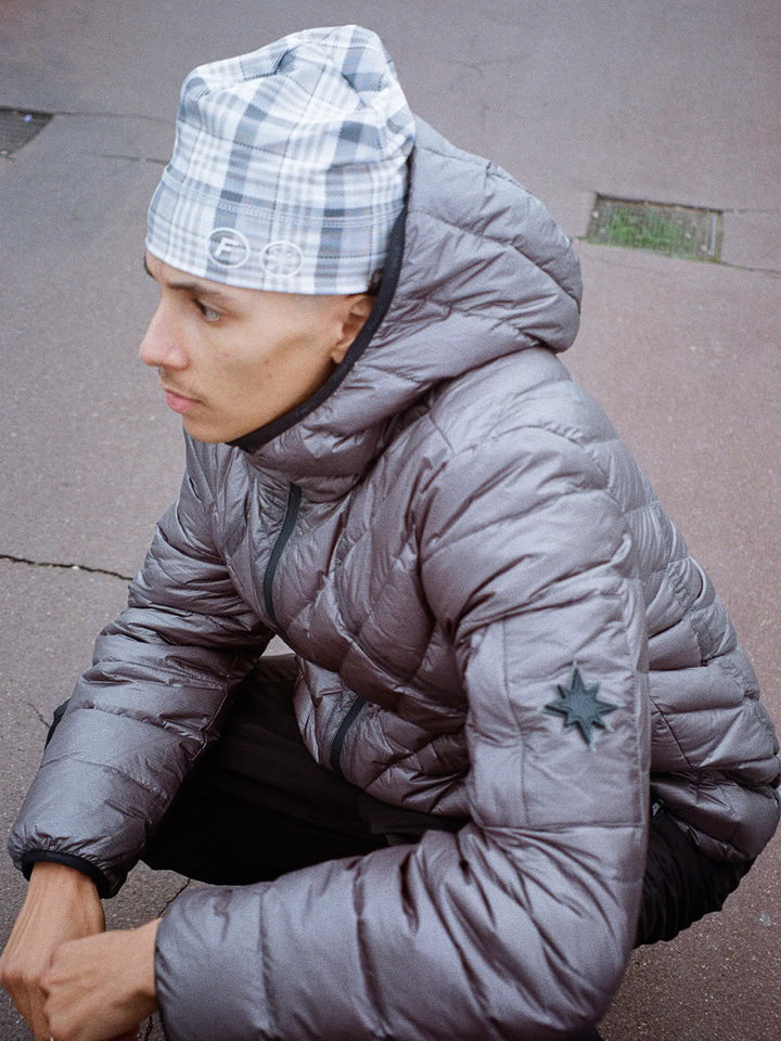 Model wearing the Tartan Skull Beanie - Finesse lookbook